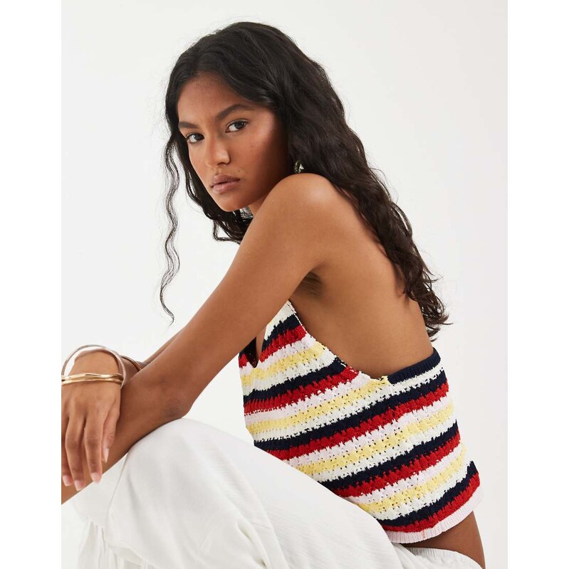 Pieces crochet knitted cami top in retro multi stripe