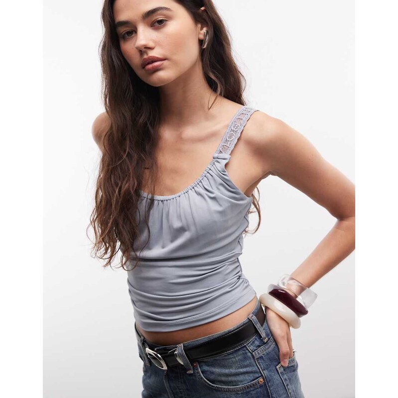 AllSaints Celena ruched lace logo detail cami top in light blue