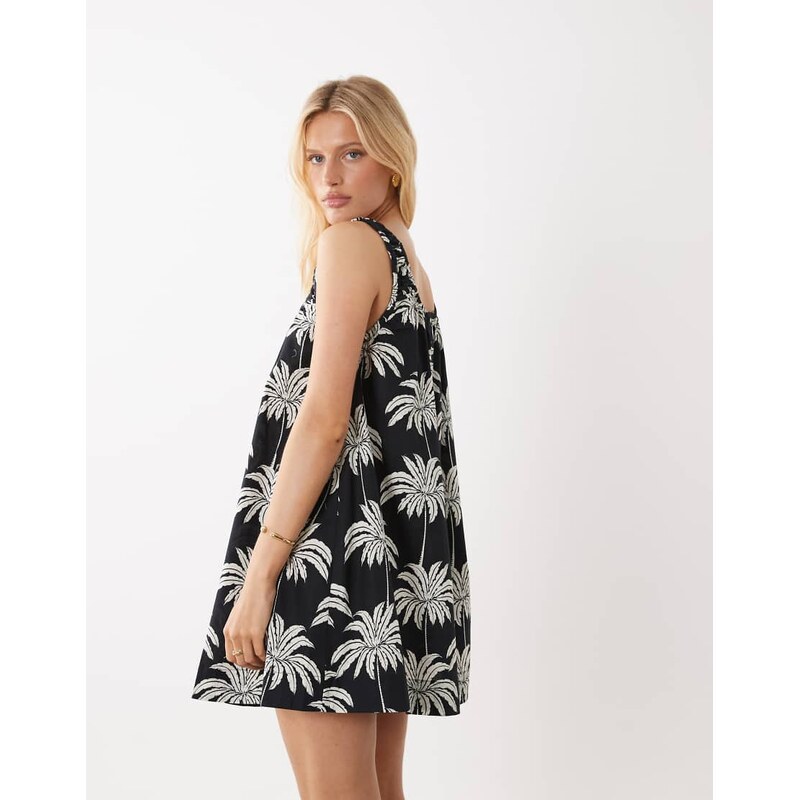 Vila ruched strap palm print cami mini dress in black and white