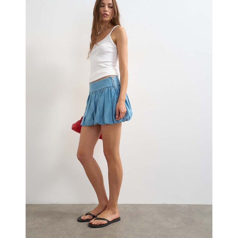 Topshop denim bubble hem mini skirt in mid blue