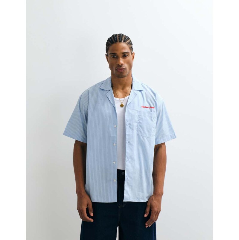 Jack & Jones poplin stripe shirt with pocket embroidery in blue