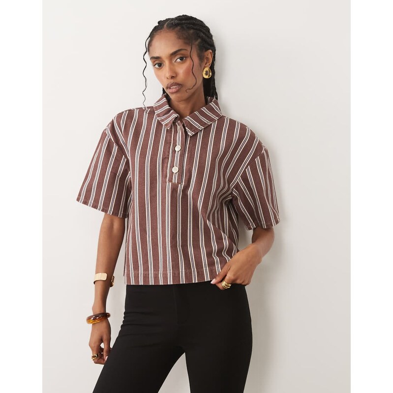 ASOS DESIGN boxy denim polo shirt in brown stripe
