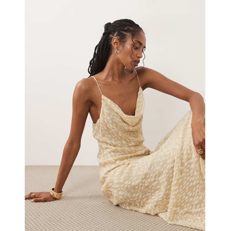 Mango textured cowl neck maxi dress in cream-Neutral