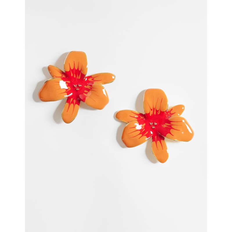 ASOS DESIGN stud earrings with flower design in bright orange