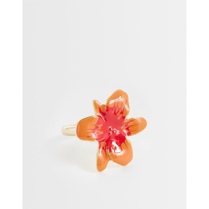 ASOS DESIGN ring with flower design in bright orange enamel