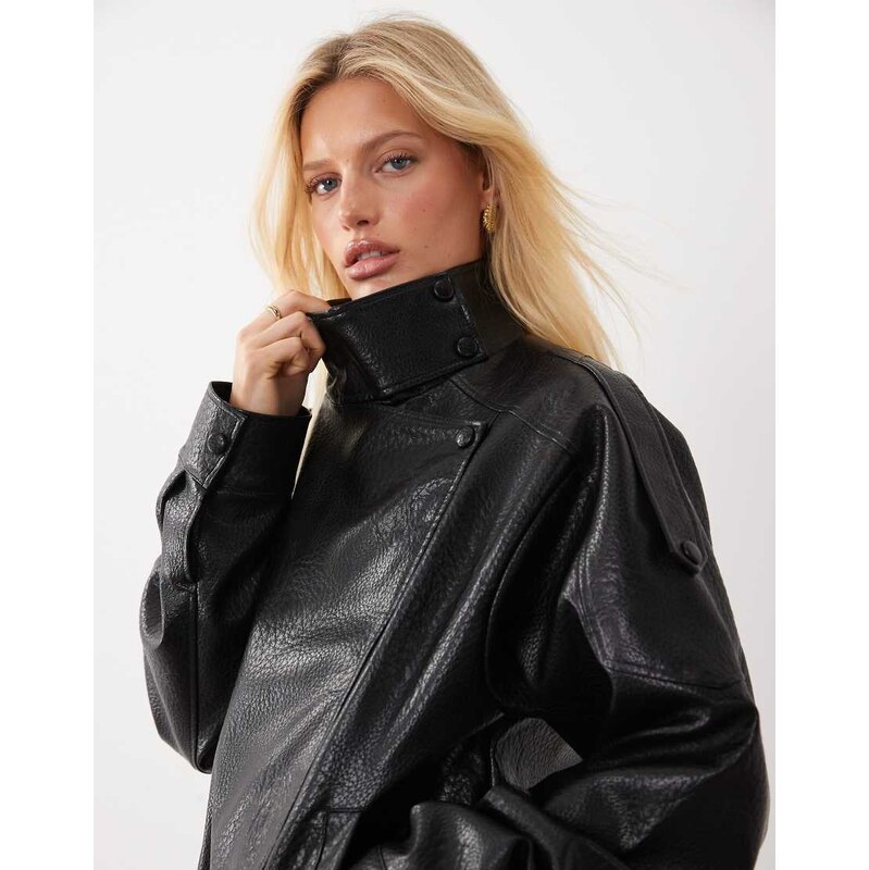 JDY faux leather bomber jacket in black