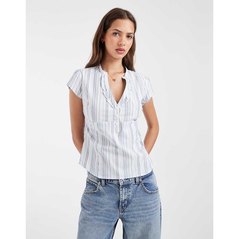 Hollister cinched short sleeve henley shirt in white stripe