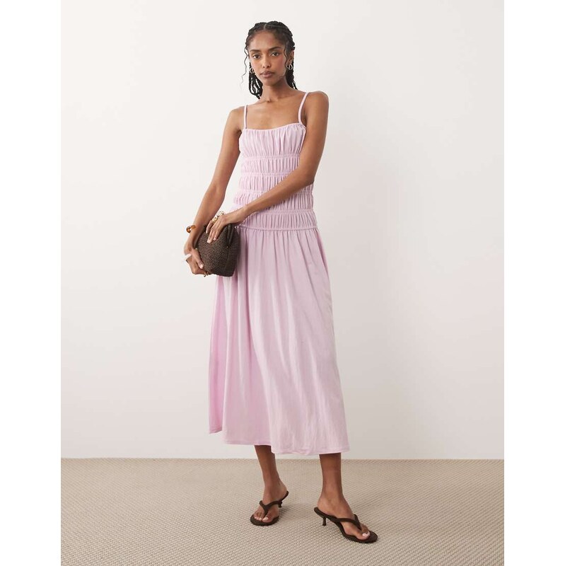 Mango ruched drop waist maxi dress in pastel pink