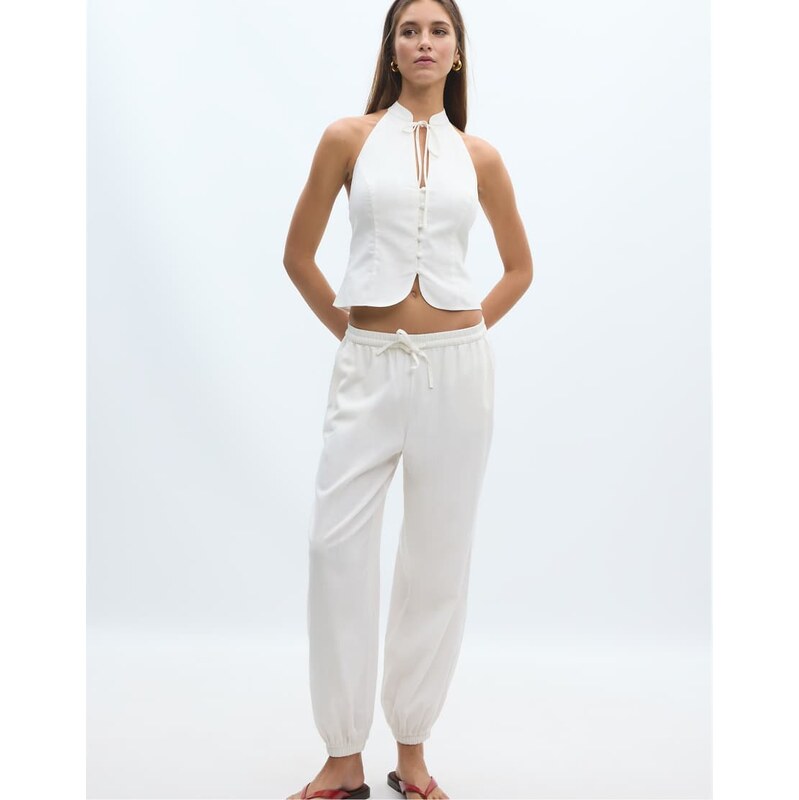 Stradivarius Linen-effect sarouel trousers in white