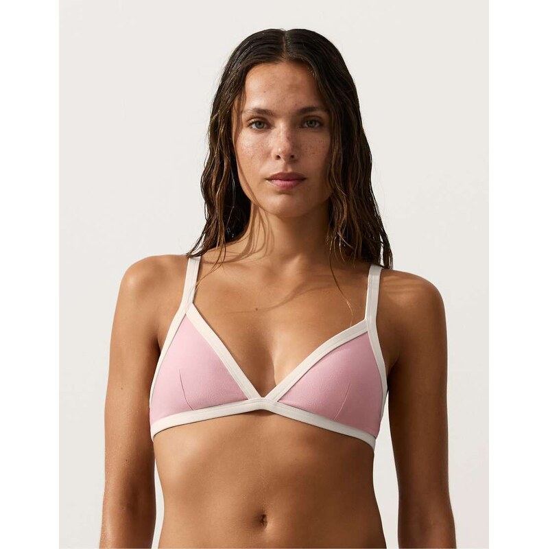 OYSHO Contrast trim triangle bikini top in pink