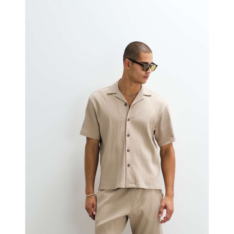 Selected co-ord ribbed short sleeve shirt in beige-Neutral