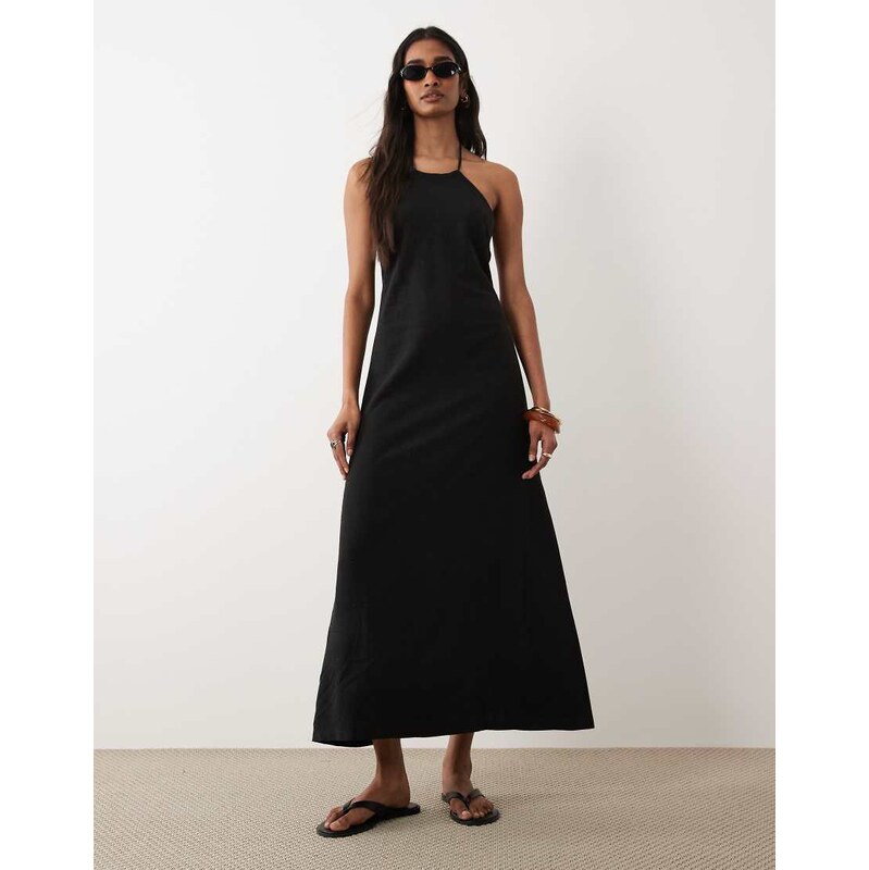 Miss Selfridge linen look halter maxi dress in black