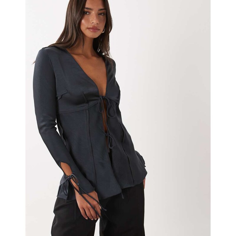 Lioness Veil satin tie front detail long sleeve top co-ord in