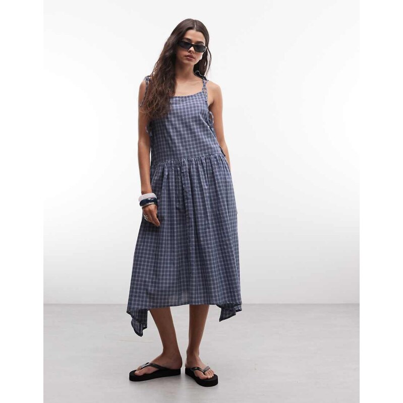 COLLUSION tie side asymmetric maxi dress in blue check