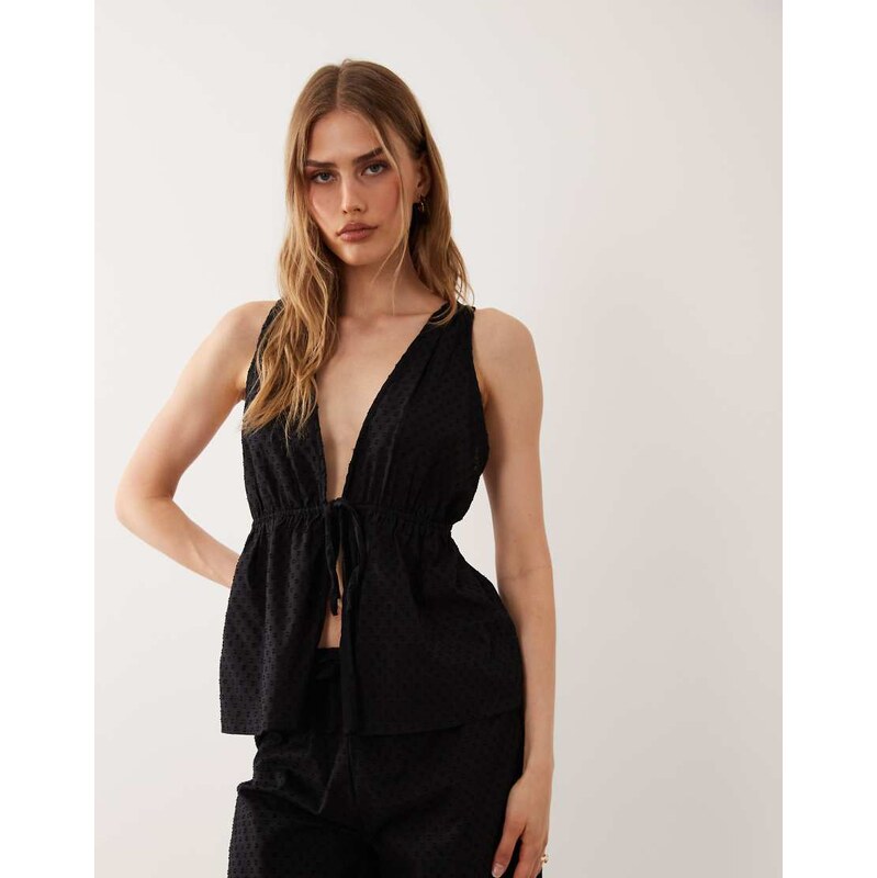 Esmee tie front dobby detail beach top in black