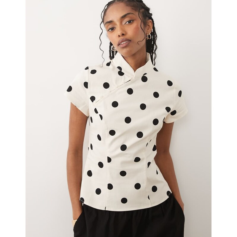 ASOS DESIGN mandarin collar with asym button detail top in cream