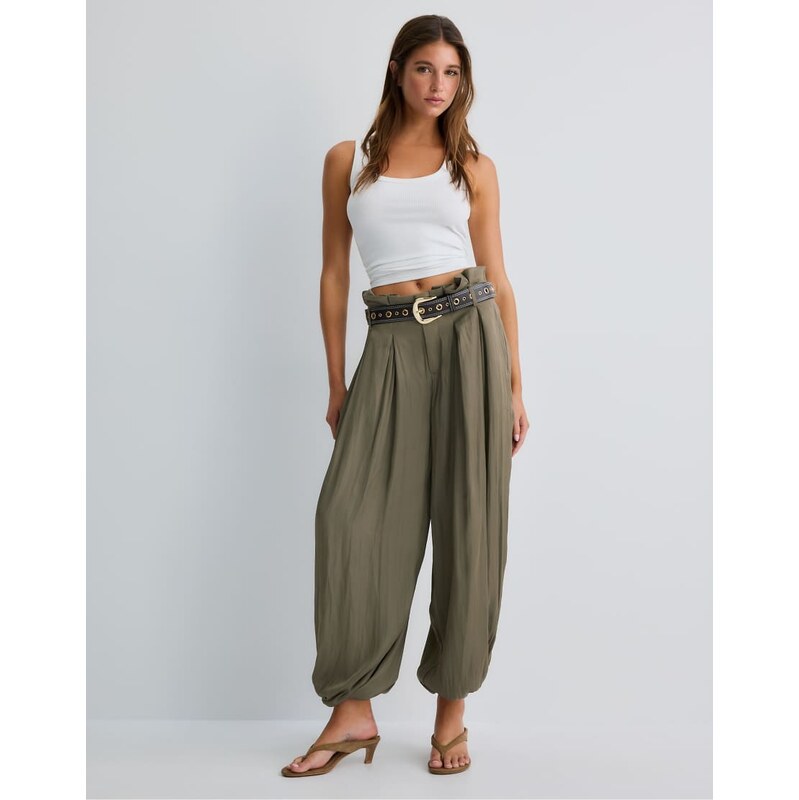 Stradivarius Satin sarouel trousers with belt in brown