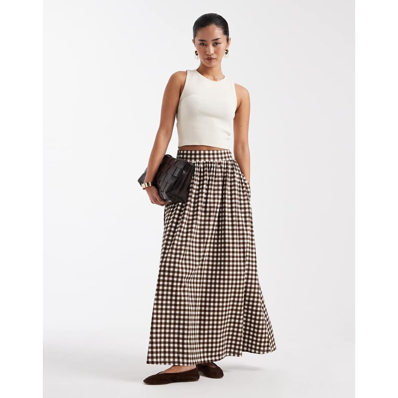 Threadbare jersey a-line maxi skirt in brown gingham print
