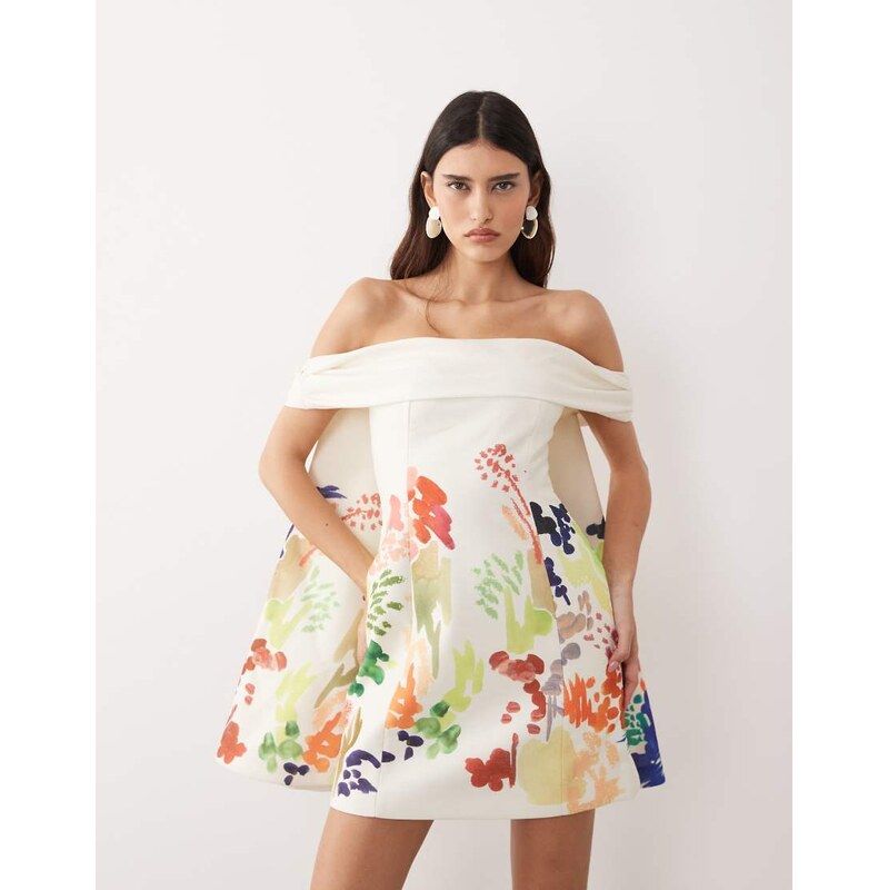 ARRANGE bardot mini dress with cape detail in abstract painterly