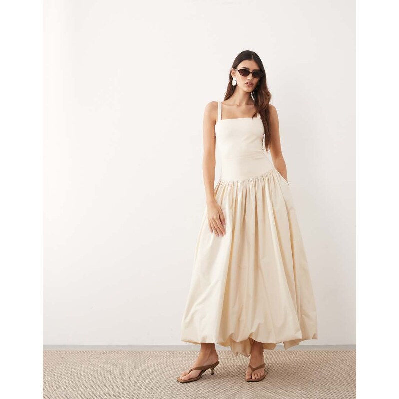 ARRANGE premium waisted dress with puffball hem in ecru-White