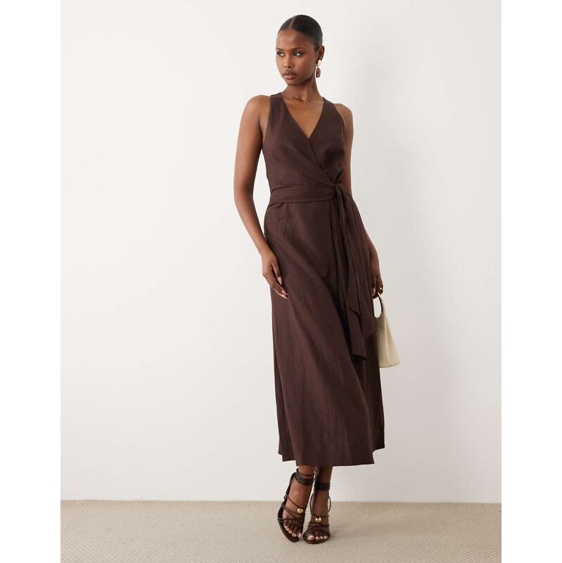 Forever New linen mix halter neck tie midi dress in chocolate