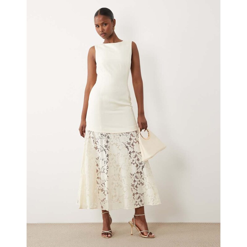 Forever New linen mix lace skirt midi dress in buttercream