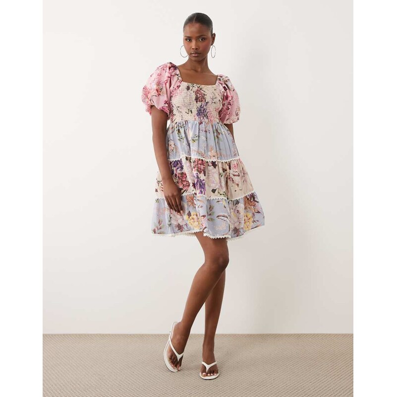 YAS patchwork floral puff sleeve milkmaid style mini dress in