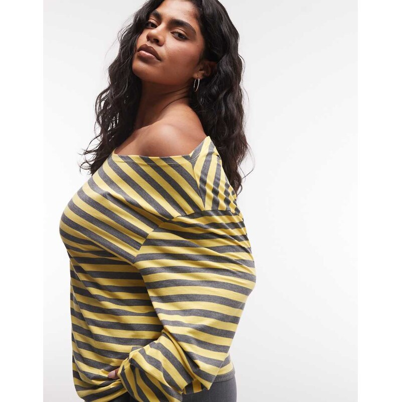 COLLUSION Plus long sleeve off the shoulder stipe top in lemon