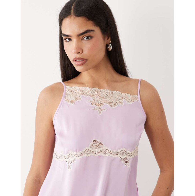ASOS DESIGN asymmetric neckline lace trim cami in lilac-Purple