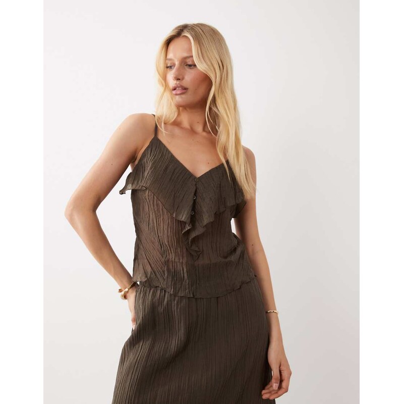 Vila crinkle chiffon sheer frill top co-ord in brown