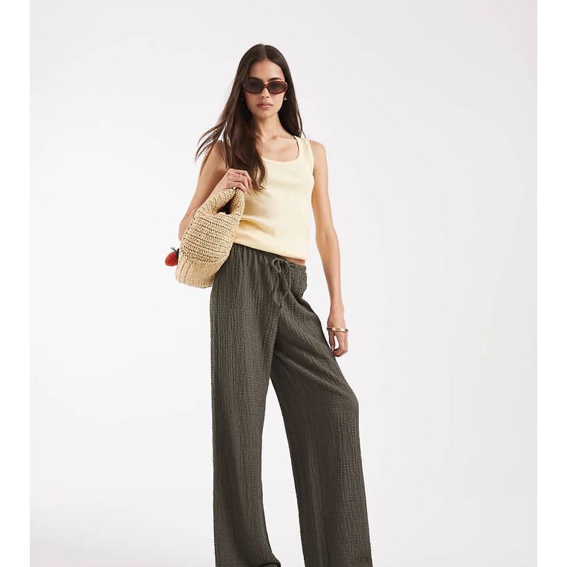 ONLY Tall high waist crinkle textured trousers in olive green