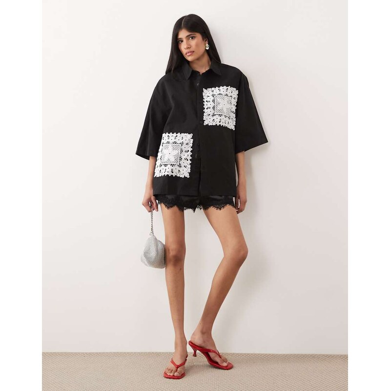 Sister Jane Unisex Galene crochet trim short sleeve shirt in