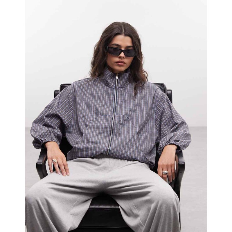 COLLUSION oversized track top in navy & white check