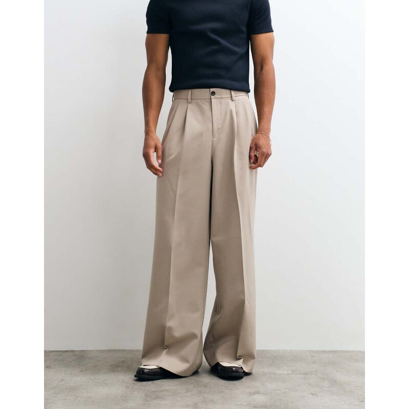 ASOS DESIGN smart loose leg trousers with double pleats in stone