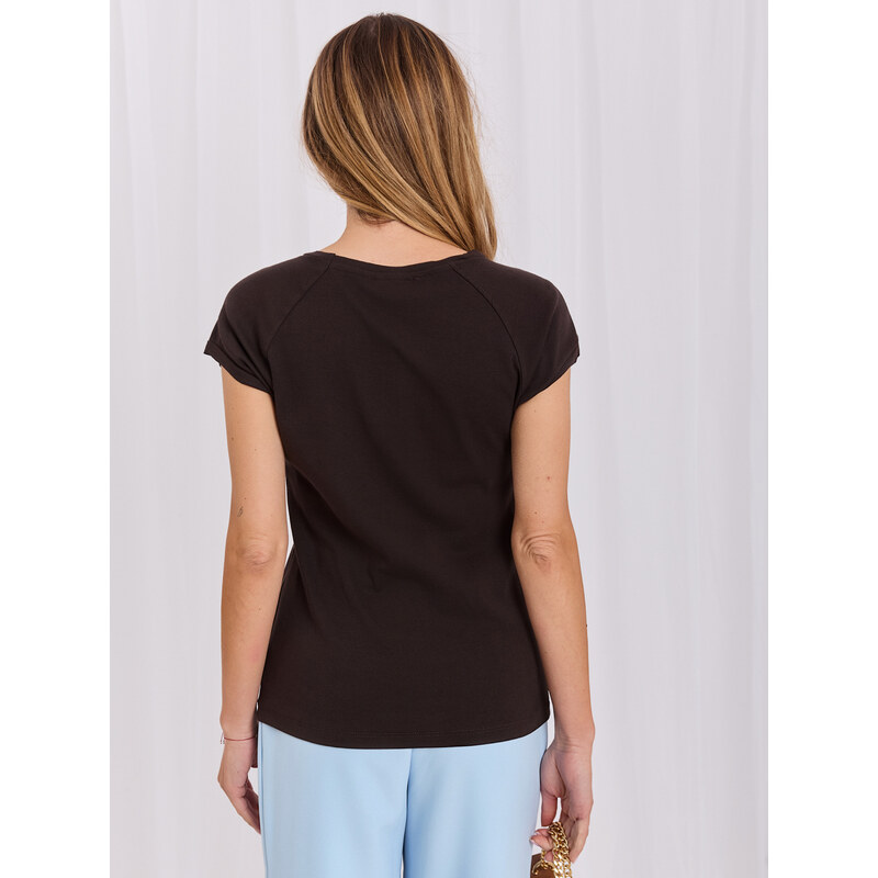 RUE PARIS Tmavě hnědé T-shirt s ozdobnými švy