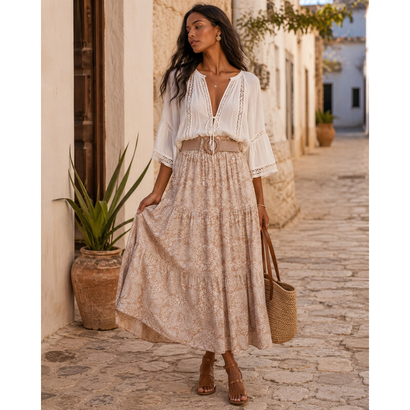 Fashionweek Dámská viskózová midi sukně s boho vzorem s páskem