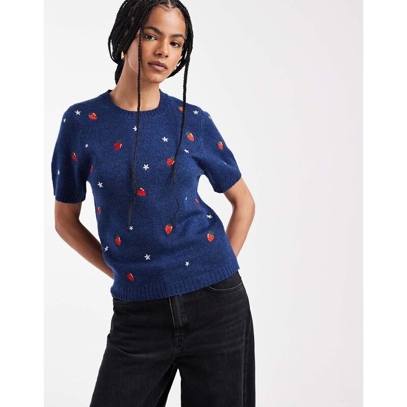 Threadbare knitted t-shirt with strawberry embroidery in navy