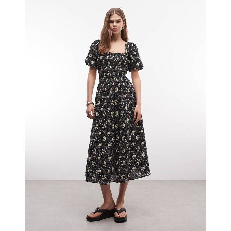 Daisy Street shirred maxi dress with puff sleeves in black ditsy