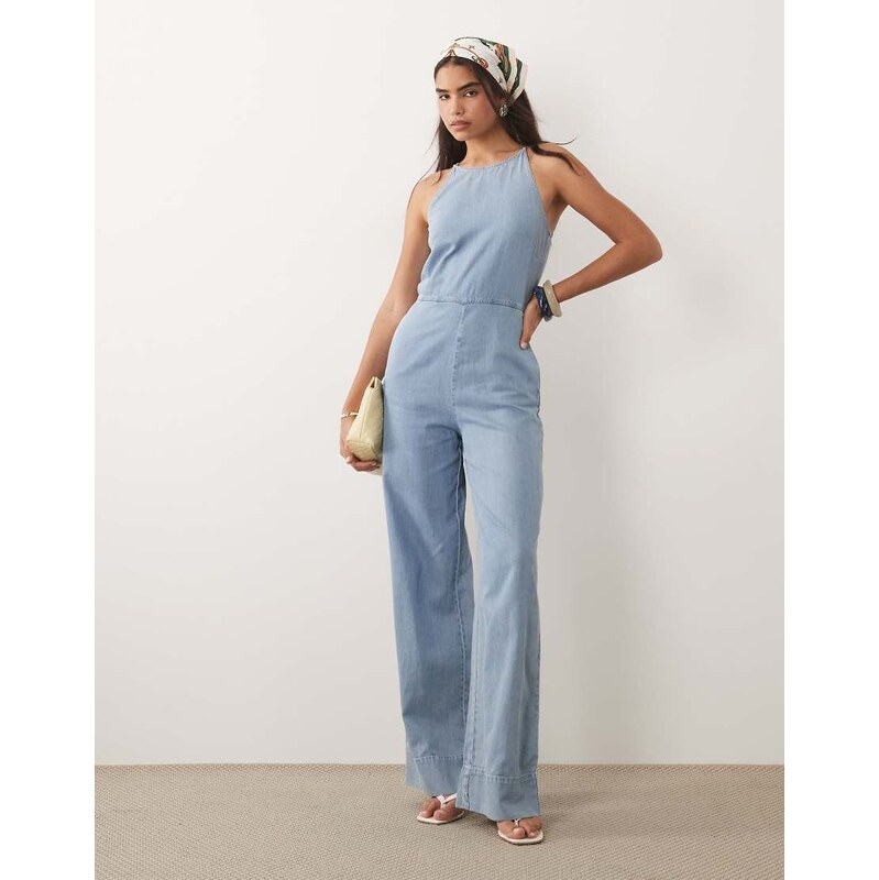 Mango 100% cotton denim jumpsuit in light blue