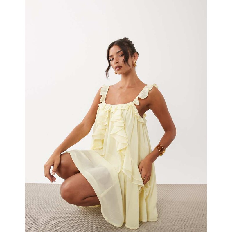 YAS chiffon ruffle trim cami mini dress in pale yellow