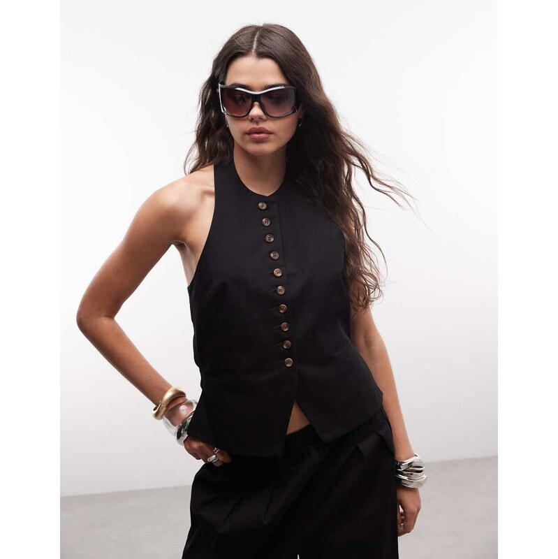 ASOS DESIGN button front halterneck co-ord waistcoat in black
