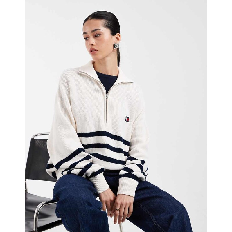 Tommy Jeans striped quarter zip sweater in cream-White