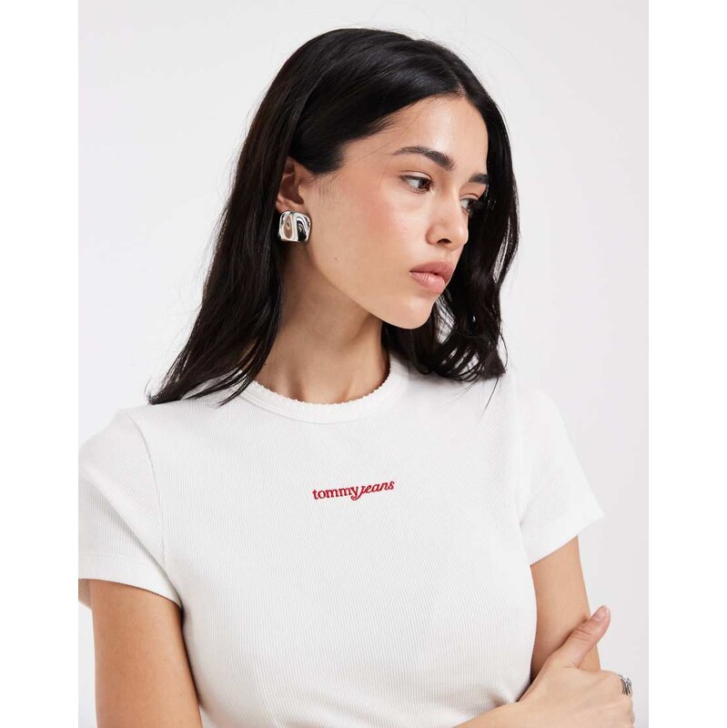 Tommy Jeans script logo slim fit rib t-shirt in white