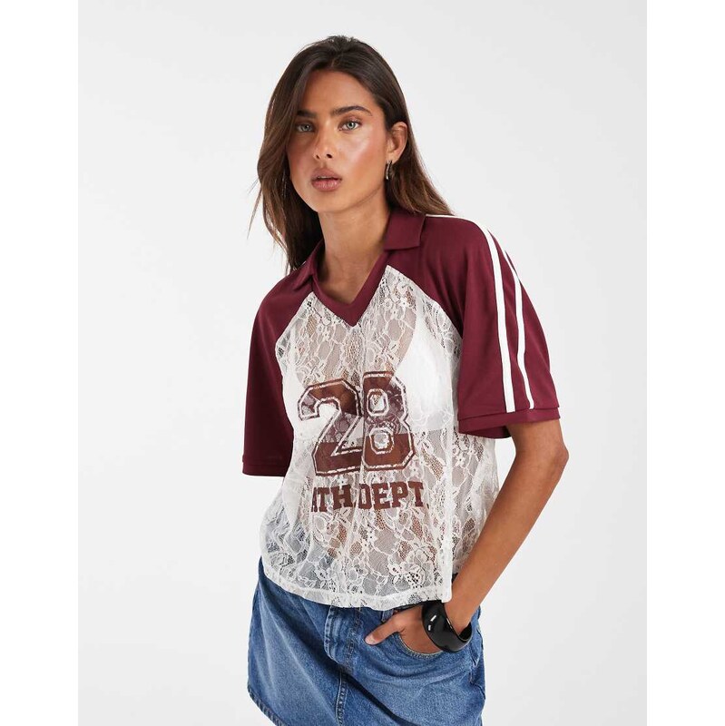 ASOS DESIGN boxy cropped lace football shirt in burgundy-Red