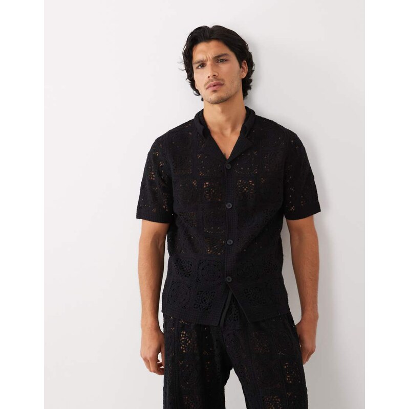 ASOS DESIGN relaxed short sleeve knitted crochet button through