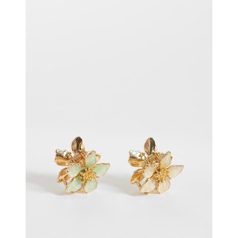 DesignB London pack of 2 flower hair clips in green and cream