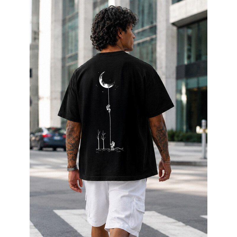 Pánské bavlněné tričko oversize s potiskem černé FashionStreet