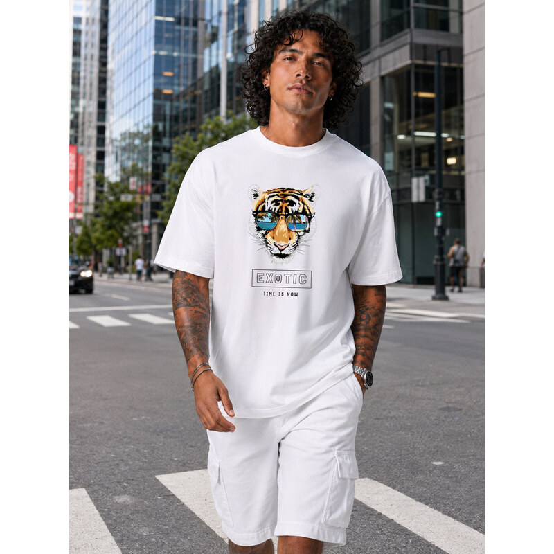 Pánské tričko oversize s tygřím potiskem bílé FashionStreet