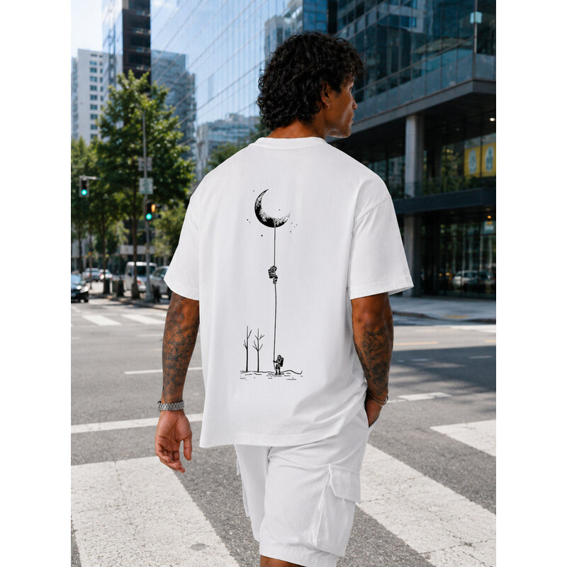 Pánské bavlněné tričko oversize s potiskem bílé FashionStreet