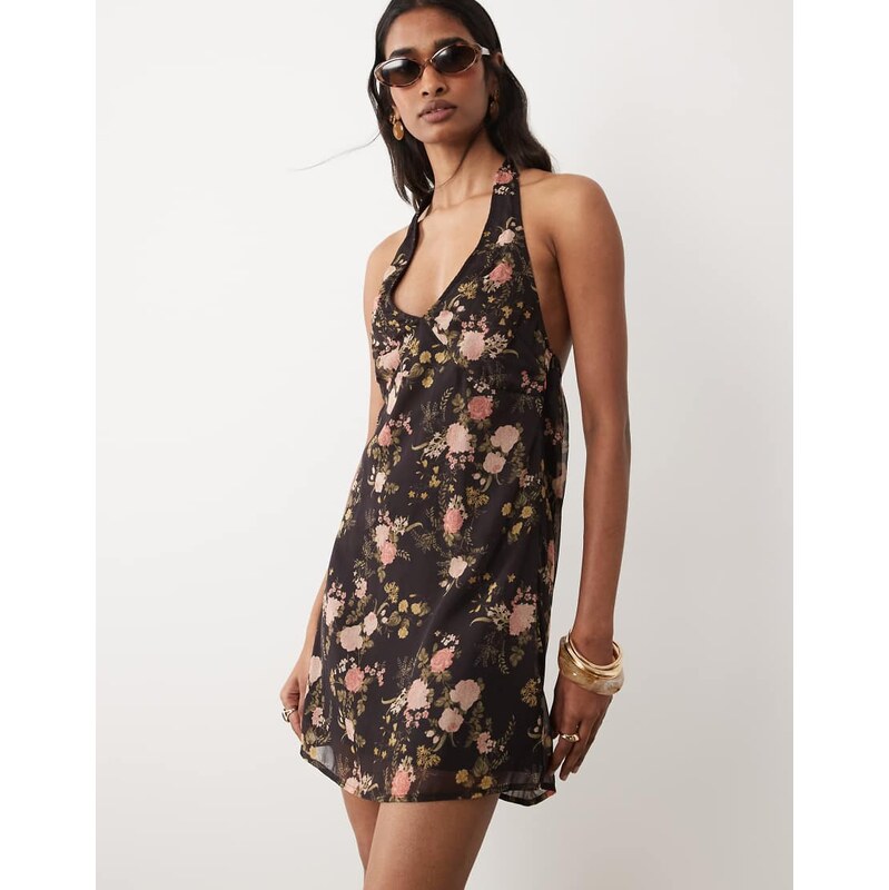 Miss Selfridge halter mini dress in floral print-Multi